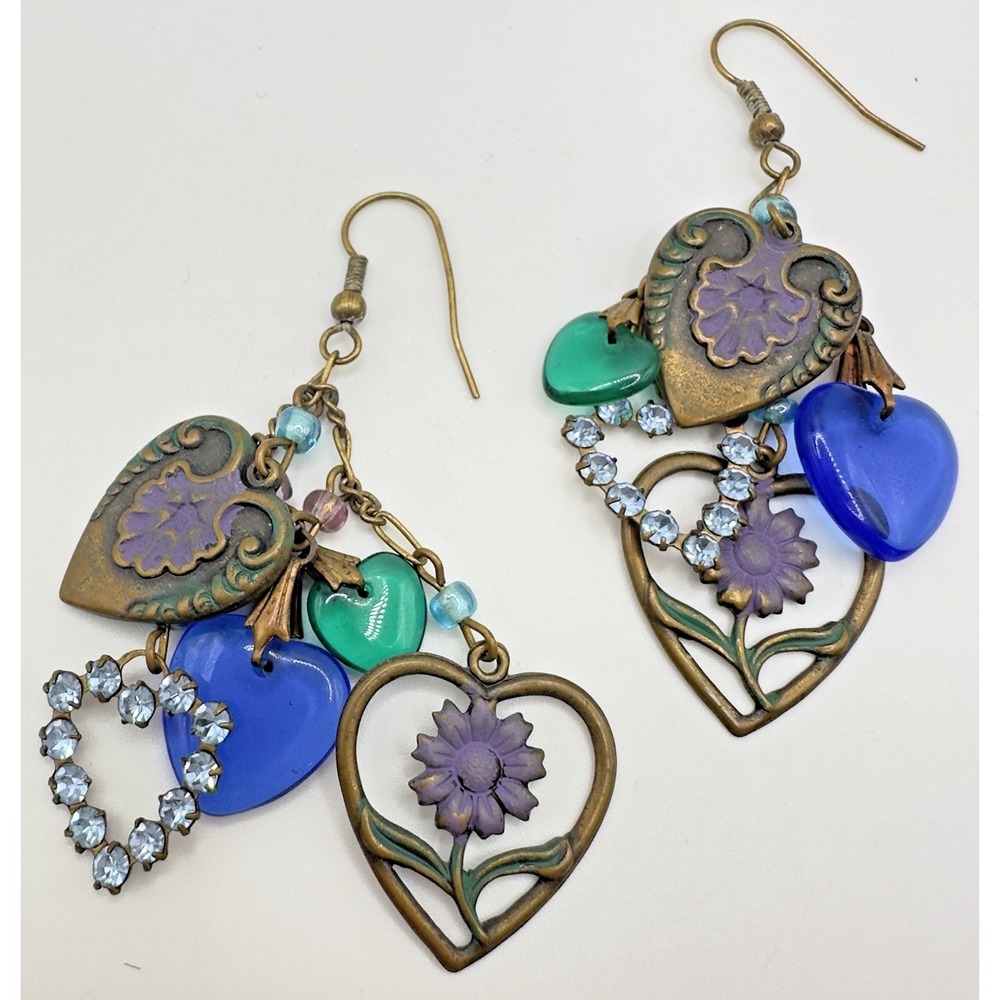 Vintage Glass Works Studio Brass tone HEART Glass Hook Earrings 2.75"